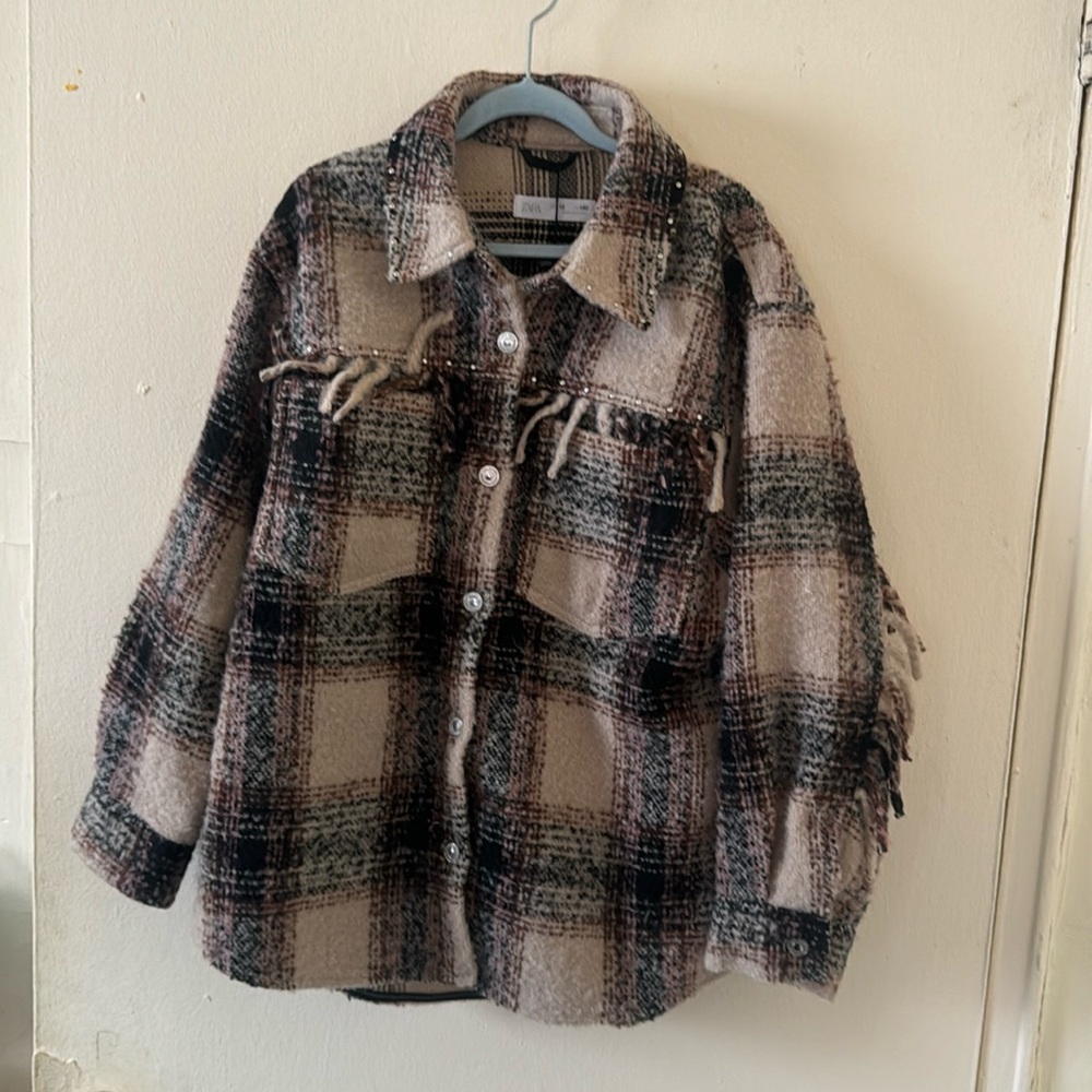 Zara Plaid Shacket Fringe Cowgirl Brown Cream Tan
Jacket Coat size 10 NWT